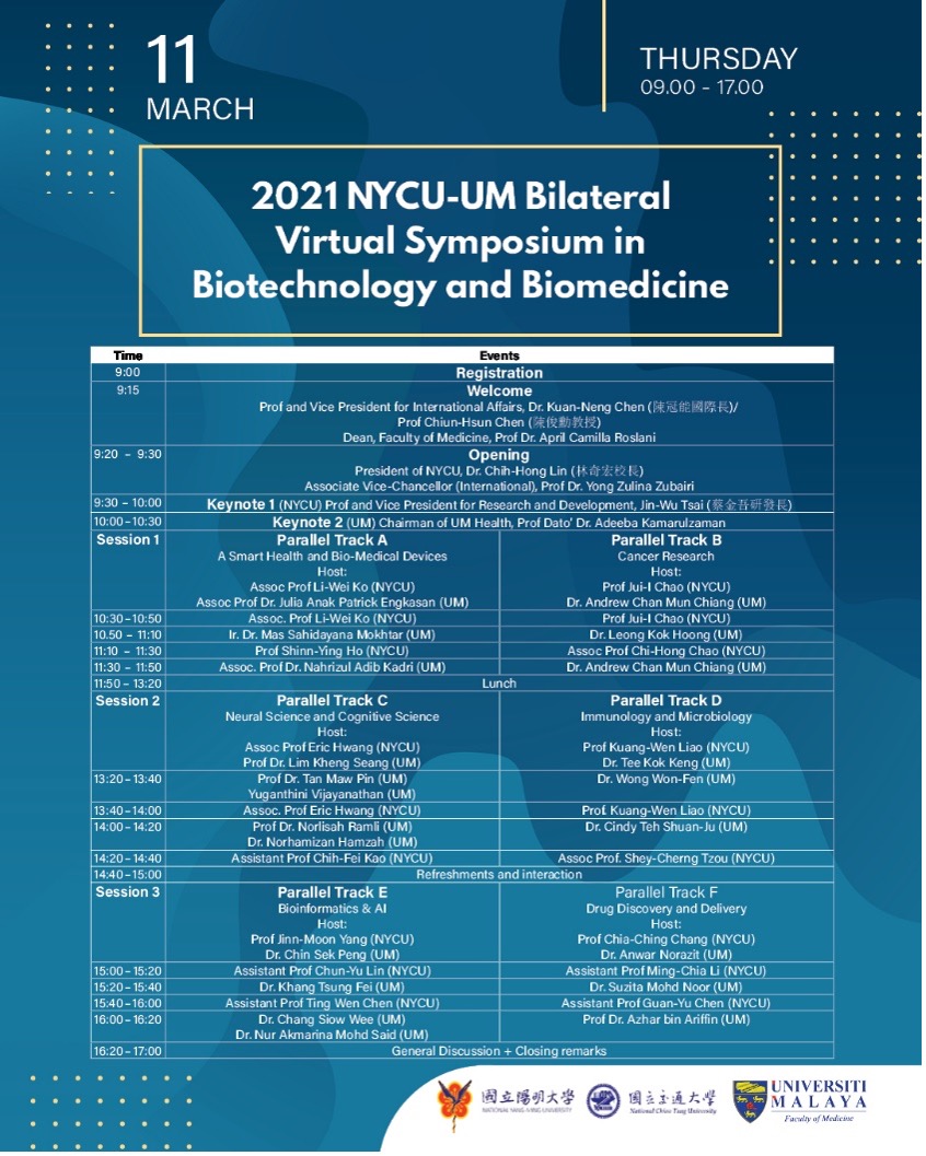 The poster of 2021 NYCU-UM Bilateral Virtual Symposium in Biotechnology and Biomedicine
