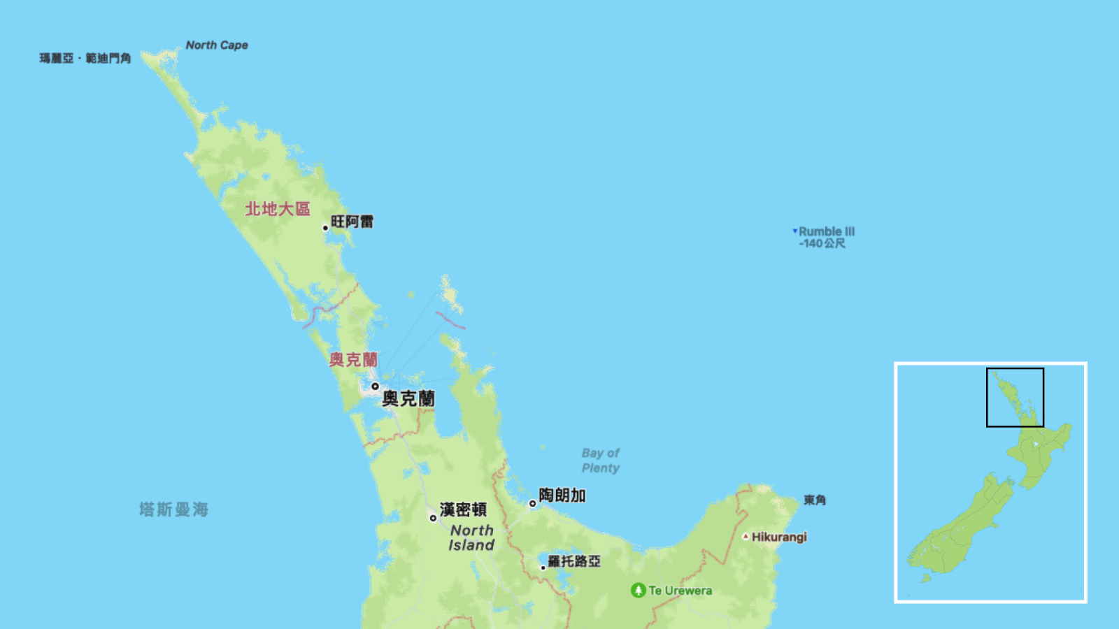 紐西蘭北島地圖－北地大區與奧克蘭區（地圖資源：Apple Maps）